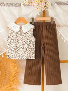 SHEIN Vintaside Kids 女童甜美可愛刺繡大領無袖花卉背心搭配純色長褲套裝，紋理直條紋布料，適合派對、家庭活動、日常度假穿搭、開學季 - 棕色 - 查看 2