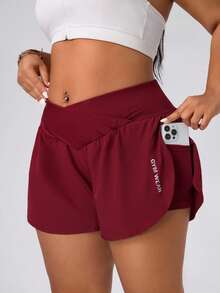 SHEIN Rhythm Era Shorts deportivos casuales para mujer talla grande con cintura cruzada y bolsillos - Granate - Ver 6