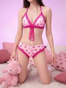 Notgurli 女款對比蕾絲掛脖時尚內衣套裝 - 彩色 - 查看 3