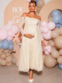 Loomaby Elegant Maternity Party Photoshoot Solid Color Lace Off-Shoulder Dress Wedding Floral White Autumn - Yellow - View 12