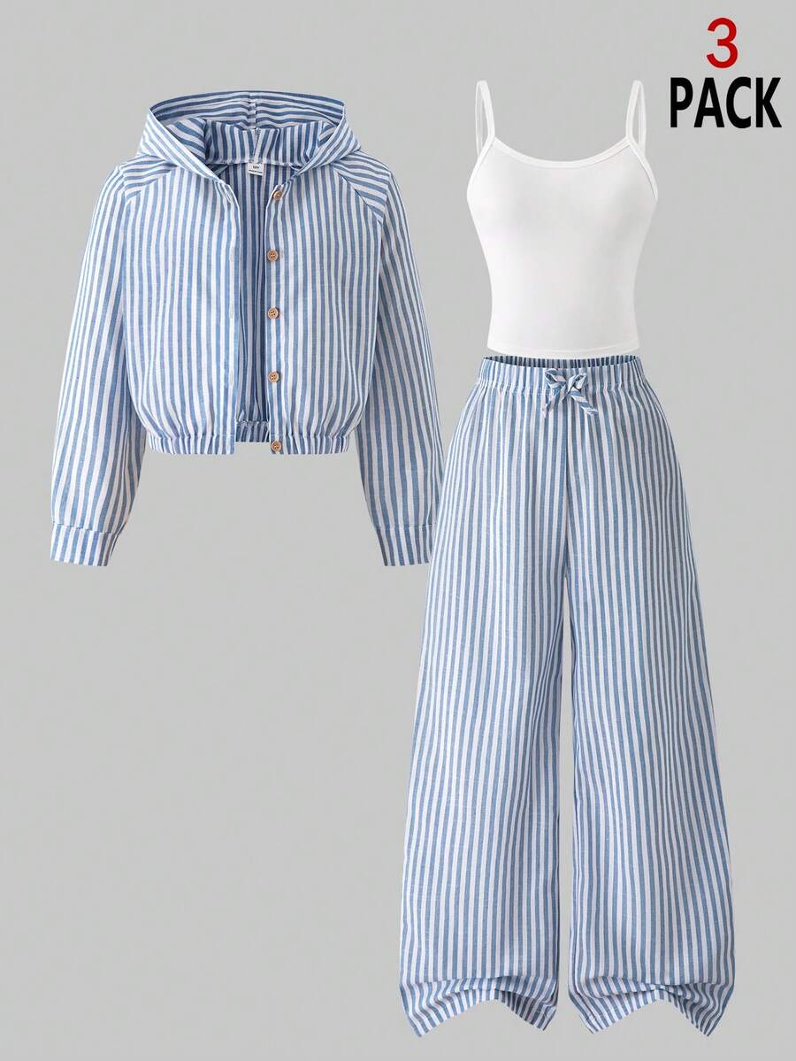 SHEIN 3件組青少年女孩套裝,連帽長袖開襟短夾克、白色細肩帶背心上衣、鬆緊腰寬鬆寬腿褲,女孩休閒日常穿著 - 藍色 - 查看 1