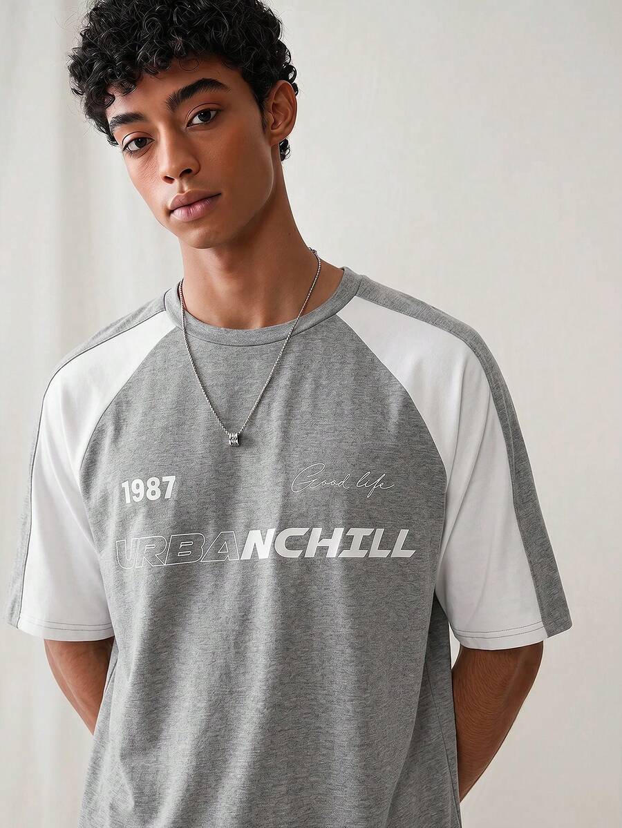 SWAVVY Camiseta de manga corta casual con bloques de color y patchwork para hombres - Gris Claro - Ver 1
