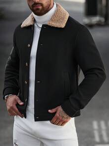 Manfinity CasualCool 男士老錢風復古人造麂皮卡車司機夾克，羊羔絨領仿舊設計 - 黑色 - 查看 6