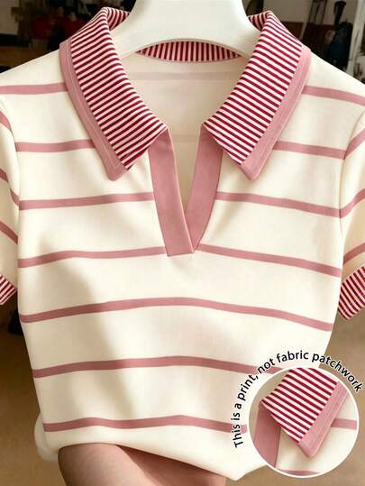 Resyla Women's Minimalist Casual Preppy Versatile Pink And White Striped Collared T-Shirt, Everyday Wear Brunch School Summer