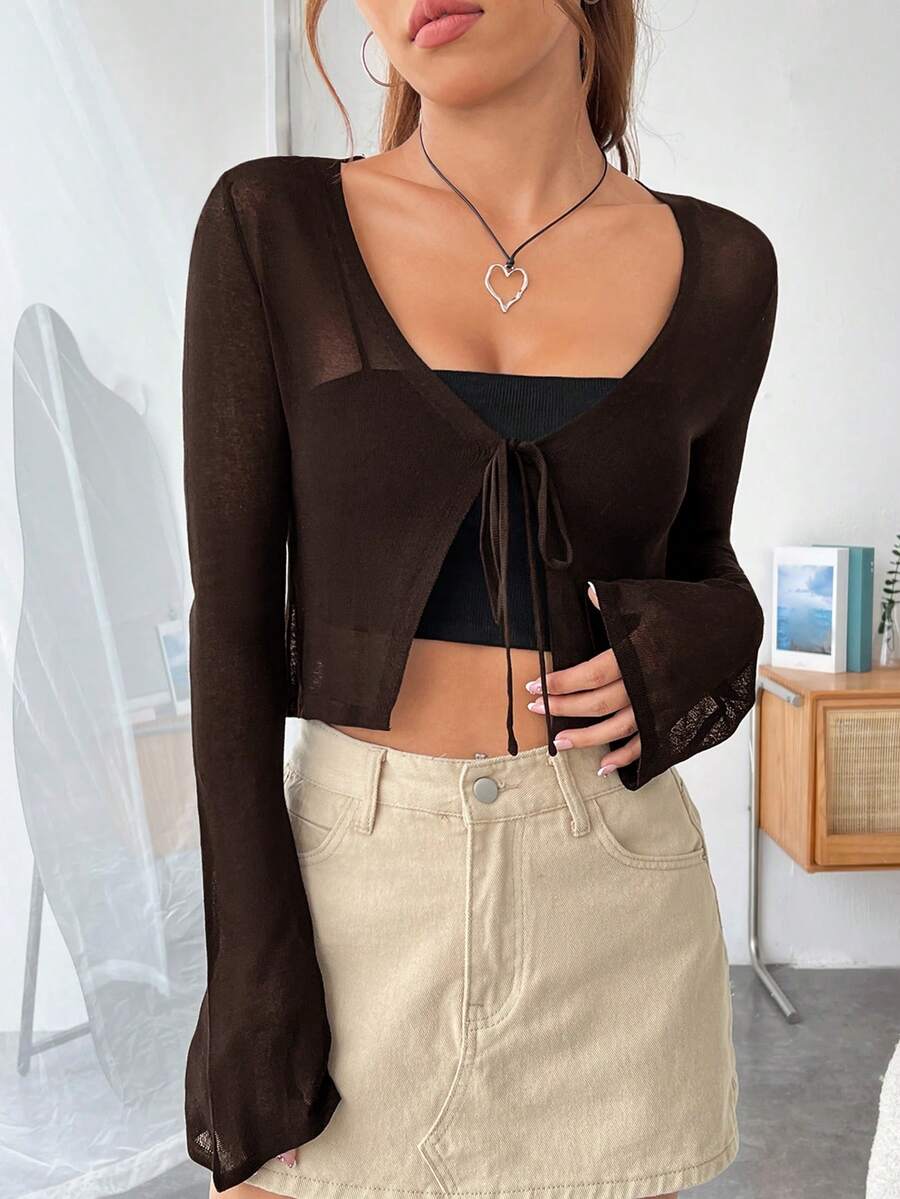 SHEIN EZwear 女款春夏休閒純色前綁帶開襟衫 - 咖啡棕 - 查看 1