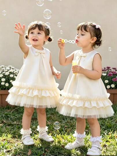 SHEIN Glamorique Kids Baby Girl Wedding Season Flower Girl Small Bow 3D Ruffled Sleeveless Dress, Suitable For Evening Party, Graduation Prom, Party, Birthday Party, Vacation Photos, Summer Short Dress Soft Tulle Premium Satin