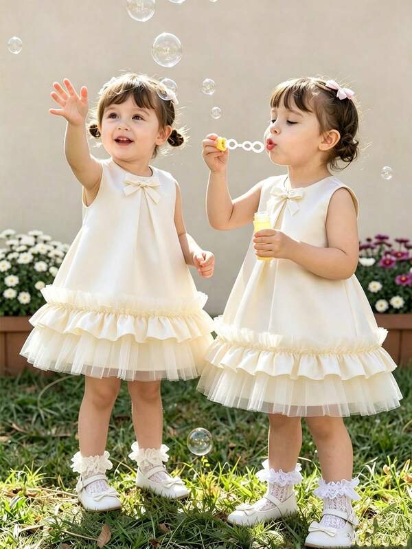 SHEIN Glamorique Kids Baby Girl Wedding Season Flower Girl Small Bow 3D Ruffled Sleeveless Dress, Suitable For Evening Party, Graduation Prom, Party, Birthday Party, Vacation Photos, Summer Short Dress Soft Tulle Premium Satin
