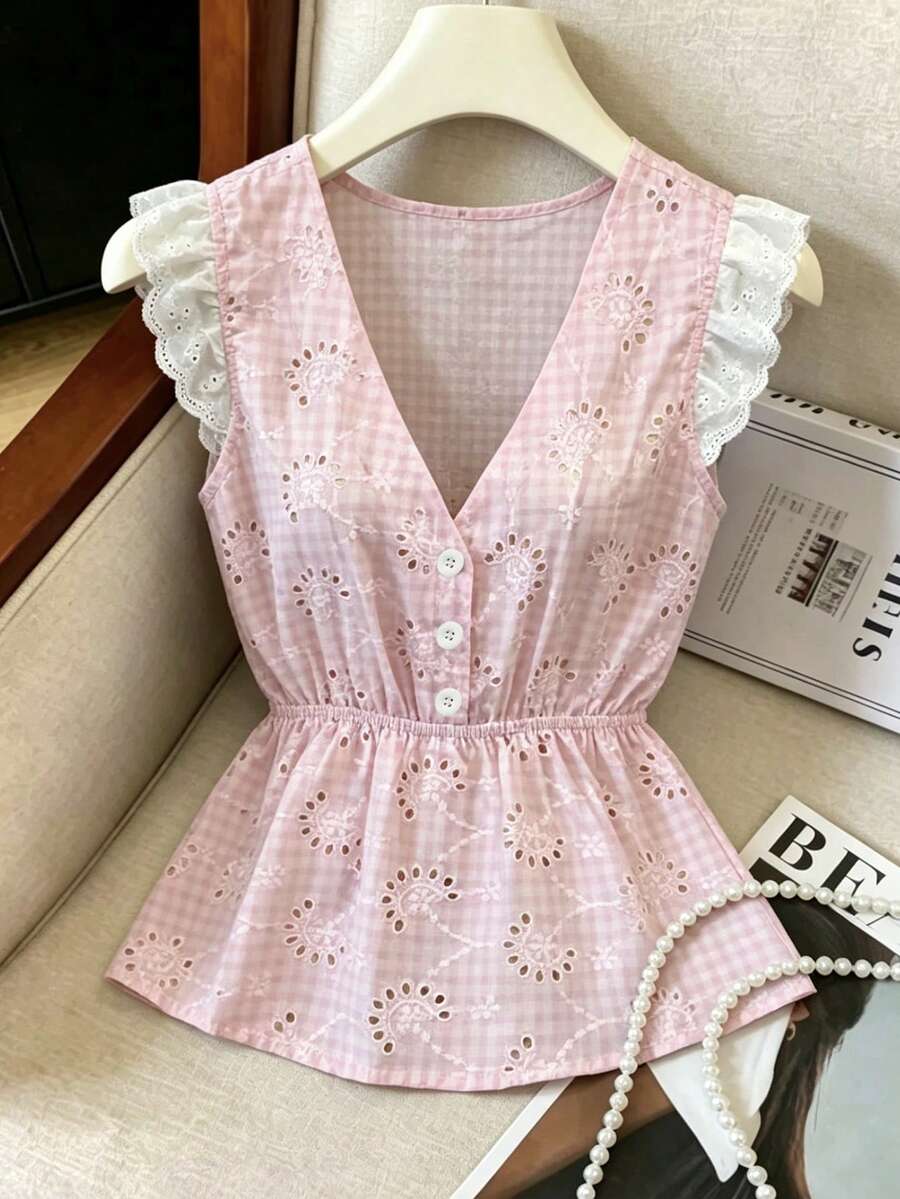 SHEIN Franclia Hollow-Out Embroidered Vest, Casual Cute Vacation Wear Everyday Pink And White Summer - Pink - View 1