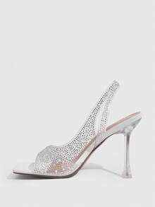 CUCCOO SZL Sandalias de tacón alto con tiras traseras y punta abierta, transparentes con strass para mujer - Blanco - Ver 4