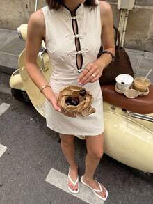 Serisse Women's Elegant Retro 80s And 90s 70s Retro Sleeveless Short Dress With Frog Button Design Tea Party Brunch Date Party Black And White Summer - Apricot - View 3