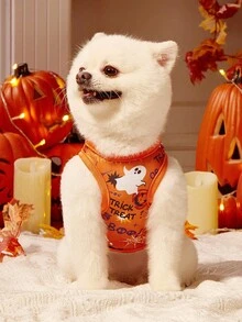 2pcs Pet Cat Dog Universal Halloween Orange Ghost Funny Cartoon Pattern Print Fashionable Breathable Comfortable Dog Vest, PETSIN Original Design - Multicolor - View 11