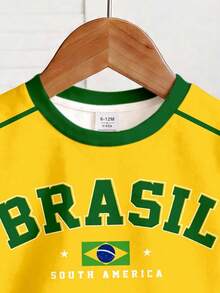 SHEIN 女嬰復古 BRAZIL 字樣黃色T恤，短袖圓領對比領口上衣，夏季休閒城市度假運動穿搭 - 彩色 - 查看 5