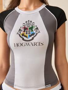 HARRY POTTER X SHEIN Women's Letter Print Striped Colorblock Crew Neck T-Shirt - Black and White - View 6