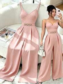 Elenzga New Women's Elegant Youthful Casual Versatile Woven Textured Camisole Jumpsuit With Metal Ring Waist Detail - Pink - View 2