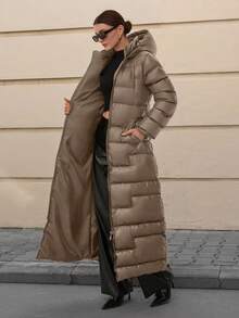 CLARA VERO Women Solid Color Zipper And Pocket Detailed Long Winter Coats - Beige - View 3