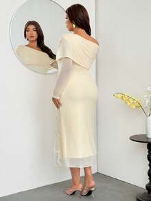 Sassy Hour Plus Size Women's Autumn/Winter Elegant Exquisite Date Cocktail Formal Party Wedding Asymmetric Neck Long Sleeve Embroidered Mesh Cream Mermaid Dress - Apricot - View 4