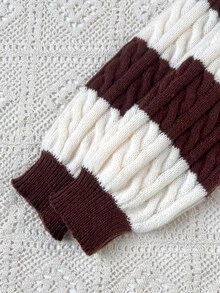 SHEIN Tween Girls Striped Colorblock Cable Knit V-Neck Lantern Sleeve Oversized Pullover Sweater, Suitable For Autumn/Winter, Suitable For Outings - Khaki - View 7