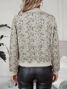 SHEIN LUNE Vintage Printed Baseball Collar Zipper Ribbed Hem Short Flight Jacket - Apricot - View 2