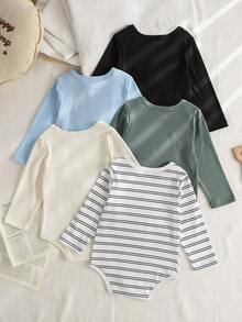 SHEIN Playful Pals 5件組嬰兒新生兒休閒純色百搭長袖連身衣，適合四季穿著 - 彩色 - 查看 2