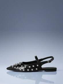 CUCCOO GRLICON Black Rivet Pointed Double Strap Flats, Retro Style Buckle Low Heel Low Vamp Rear Strap Women's Shoes - Black - View 2