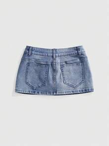 ROMWE Grunge Punk Punk Cavalry Button Design Ultra Low Waist Mini Bodycon Denim Skirt - Blue - View 2