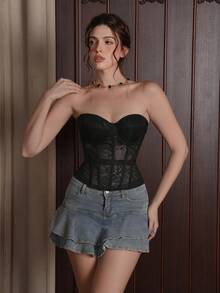 Myrelith 1件熟女性感蕾絲優雅加厚內襯塑形上衣 - 黑色 - 查看 5