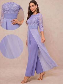 Amorya Women's New Elegant Textured Jacquard Patchwork Chiffon Flowy Jumpsuit, Suitable For Parties And Multiple Occasions - Purple - View 3