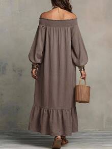 Livesso Rochie lungă de vară pentru femei, stil casual de vacanță, own-shoulder, fluidă și largă - Cafea - Vizualizare 2