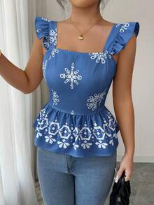 Elenzga Women's Summer New Apricot Base Black Placement Print Backbow Tie Waist Cap Sleeve Blouse - Medium Wash - View 6