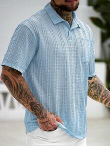 Manfinity Homme 男士休閒針織 Polo 衫，適合日常穿著，母親節禮物，儀式場合 - 藍色 - 查看 3