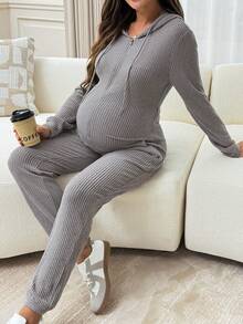 Slowluna 孕婦休閒純色連帽哺乳連身褲 - 灰色 - 查看 7