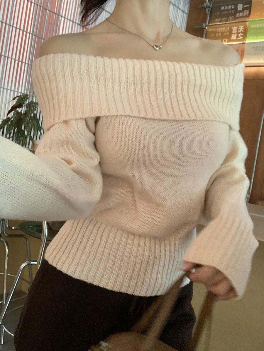 DAZY Women's Solid Color Off-Shoulder Casual Versatile Daily Long Sleeve Sweater Fall - Beige - View 1