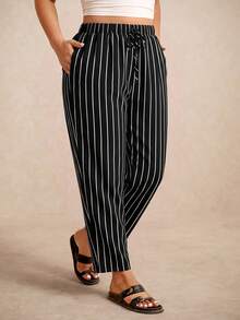 Elaquor Plus Size Casual Striped Colorblock Drawstring Waist Pocket Long Pants Fall - Black - View 6