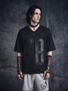 Vyqestra Men's Casual Loose Fit V-Neck Short Sleeve T-Shirt With Numeric Embroidery - Black - View 1