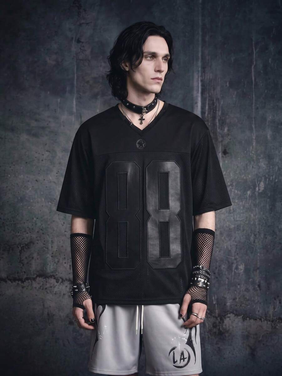 Vyqestra Men's Casual Loose Fit V-Neck Short Sleeve T-Shirt With Numeric Embroidery - Black - View 1