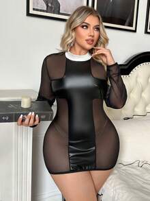 Spicy Aura Black Role Play Mesh & PU Patchwork Sexy Curve-Hugging Personalized Dress Plus Size Lingerie Costume - Black - View 3