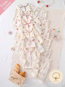 (Random 1) Neugeborenen Crinkle Schleife Bär Polka Dot Pony Blumen Erdbeere Muster Bequeme weiche Langarm Strickjacke Top und Fußhose 2-teiliges Loungewear Set - Verschiedenfarbig - Übersicht 3