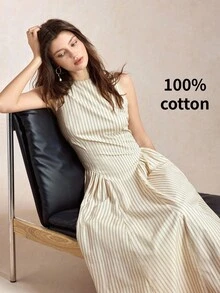 BizChic Waist-Cinched Lace Trim Patchwork Pleated Striped Dress, Elegant Sexy French Vintage Business Commute Date Daily Vacation Halloween Back To School Party Birthday Slimming Elegant Versatile Autumn Wedding Guest Church Special Occasion Office Formal Vacation Style Light Luxury Minimalist - Apricot - View 3