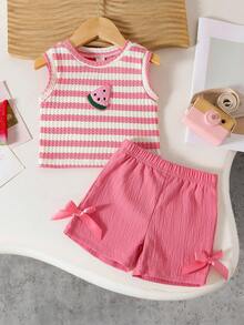 SHEIN Playful Pals 女嬰夏季藍色套裝 紋理無袖上衣搭配藍色格紋短褲 飾有藍色蝴蝶結 日常外出必備 - 粉色 - 查看 4