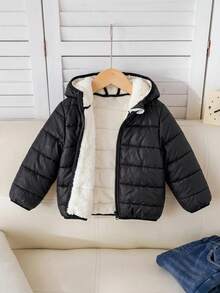SHEIN Baby Girl Thick Lined Zipper Hooded Jacket Suitable For Snow Play Winter Essential - Black - View 4