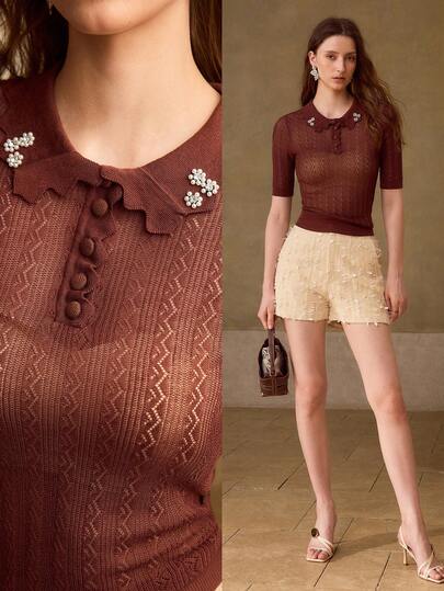 MOTF PREMIUM SPRING/SUMMER WOMEN'S FAUX PEARL RHINESTONE DECOR SEMI-SHEER FITTED HOLLOW KNIT TOP