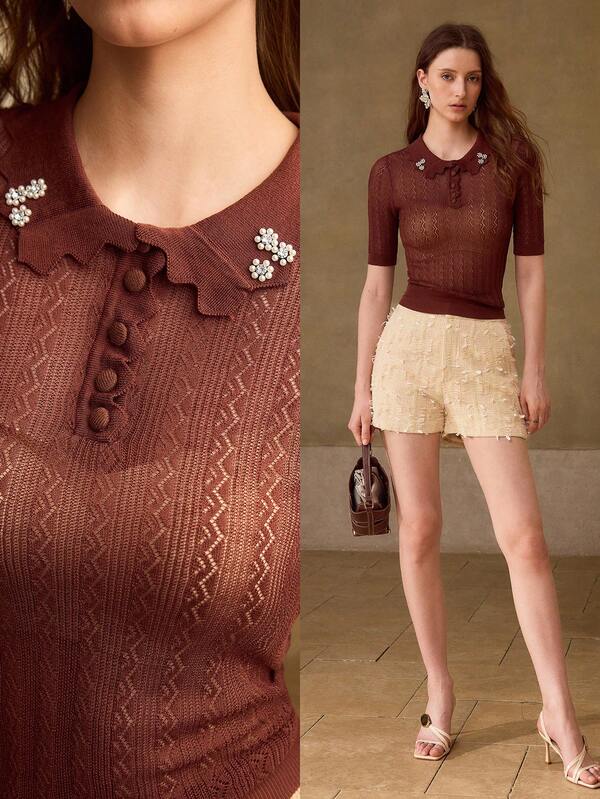 MOTF PREMIUM SPRING/SUMMER WOMEN'S FAUX PEARL RHINESTONE DECOR SEMI-SHEER FITTED HOLLOW KNIT TOP