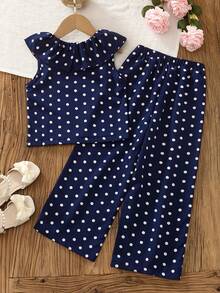 SHEIN Vintaside Kids 女童深藍色波點無袖荷葉邊兩件套，上衣配精緻荷葉領與無袖剪裁，下身配同款布料寬腿褲，適合居家玩耍、小睡、散步、公園遊玩與短途旅行 - 藏蓝色 - 查看 2