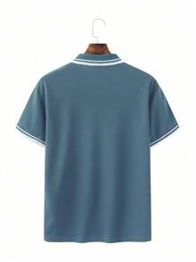 Calvornis 男士條紋短袖休閒口袋 Polo 衫 - 水鴨藍 - 查看 2