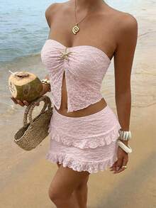 Sunnyshic 2026 Spring/Summer New Fashion Sexy Lace Fitted Camisole Skirt Set For Women - Pink - View 3