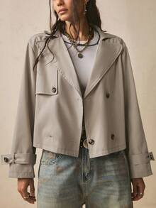 Freevana French Minimalist Style | Light Khaki Classic Lapel Short Trench Coat - Effortless Chic Double-Breasted Loose Jacket Fall - Khaki - View 5