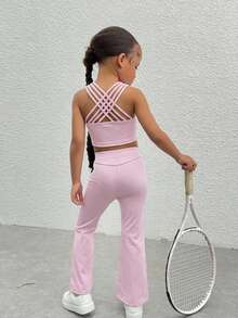 SHEIN Top de tirantes corto de punto de color liso para niña joven, ropa deportiva - Rosa Pálido - Ver 3
