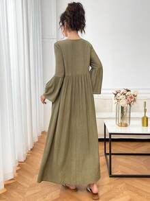 Yasmyna 女款刺繡百褶紋理阿拉伯傳統長裙 優雅 - 綠色 - 查看 2
