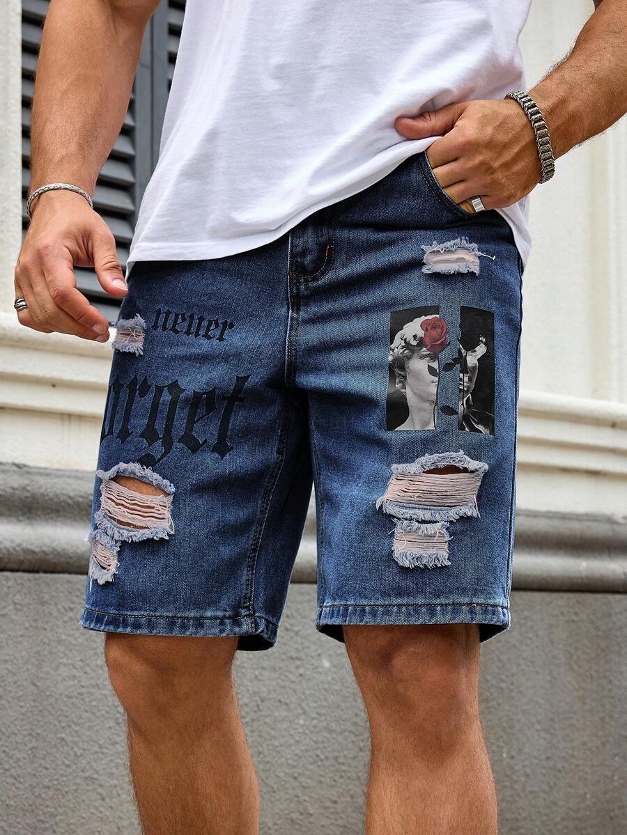 Manfinity Roughcore Men's Plus Size Letter Graphic Distressed Casual Denim Shorts - Dark Wash - View 1