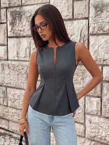 Avantive Women's Solid Color Zipper Front Pleated Tank Top For Daily Wear And Vacation - Dark Grey - View 9